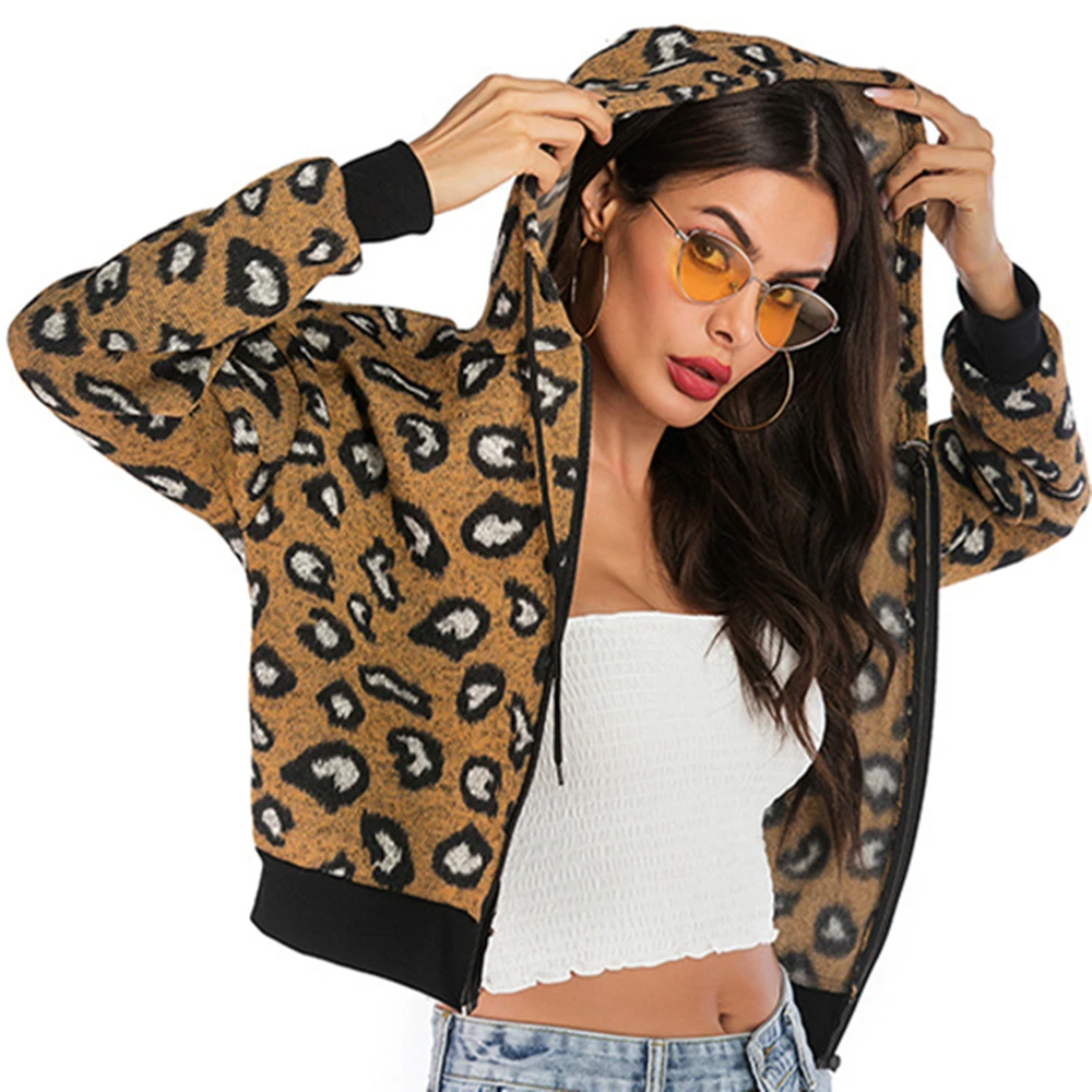 

BornToGirl Women Autumn Winter Morning Runway Long Sleeve Sexy Leopard Print Short Hooded Sweaters