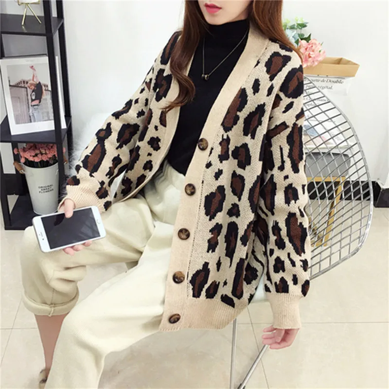 Женский осенне-зимний леопардовый кардиган толстый свитер женский длинный рукав свободный негабаритный наружный вязаный пальто Manteau Femme Hiver