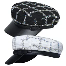 Британский стиль, винтажный плед, вязанный крючком хлопковый берет, шапка для женщин и девочек, искусственный кожаный козырек, плоский верх, Newsboy Beanie, темно-синяя шапка с поясом