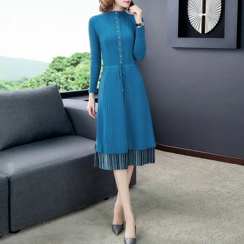 

Plus Velvet Thicken Midi Knitted Dress Women Winter Warm Button Lace Up Sweater Dress Fashion Female Long Sleeve Pleated Dresses