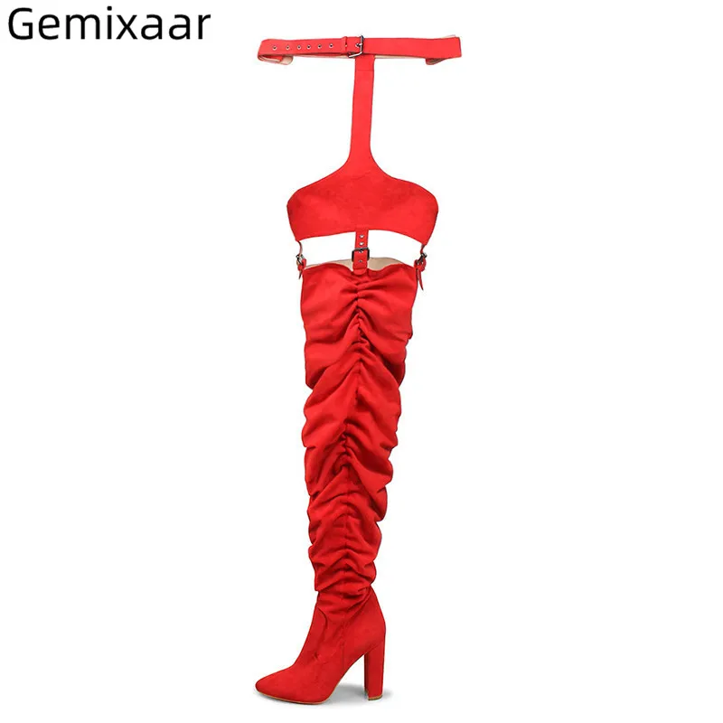 

Walking Boots Women Point Toe Pleated Design High Suqare Heel Ladies Club Bottes Cut-outs Decor Buckle Long Boots Woman 2019