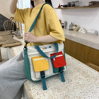 

Large capacity female bag 2020 new cartoon pattern canvas bag young girl shoulder messenger bag stitching handbag
