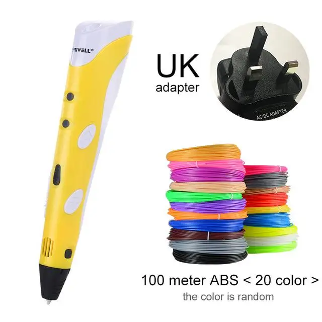 Yellow UK-100m ABS Рождественский подарок, 3D Ручка, 2-я оригинальная ручка для рукоделия, 3D печать, ручка с 100 м ABS/PLA нитью, креативная игрушка, подарок для детей, дизайнерский рисунок - Цвет: Yellow UK-100m ABS