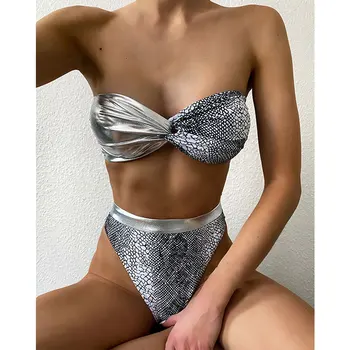 

Bandeau Silver Bikini Mujer 2020 Sexy Snake Print Swimsuit Strapless Swimwear Women High Waist Bikini Set Swim Bathing Suit New