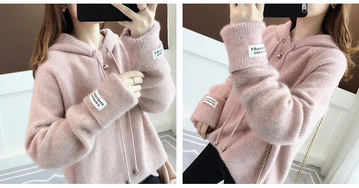 Surmiitro Mink Cashmere Knitted Hoodies Women Autumn Winter Korean Kpop Long Sleeve Hooded Sweatshirt Female Pullover Blue