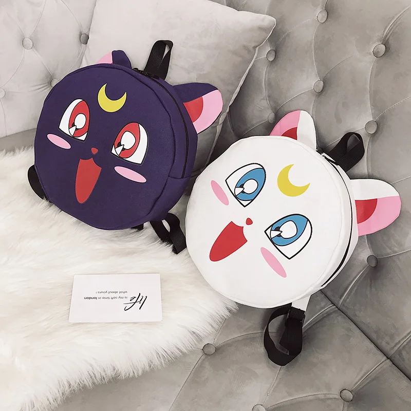 

2019 New Japanese Anime Sailor Moon Luna Cat Preppy Style Cartoon Women Girl Backpack Canvas Small Round Bag Cosplay Accessories