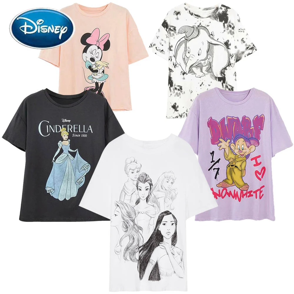 Disney Mickey Minnie Mouse Donald Duck Snow White and the Seven Dwarfs Princess Cartoon Print Women T-Shirt Short Sleeve Tee Top | Женская