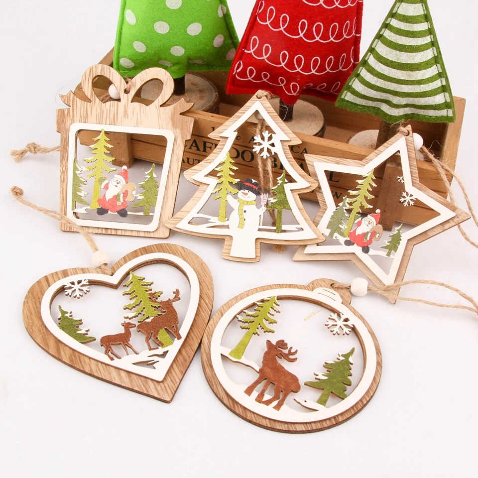 Wooden DIY Craft Xams Christmas Tree Hanging Ornament Stars Heart Decor Pendants 