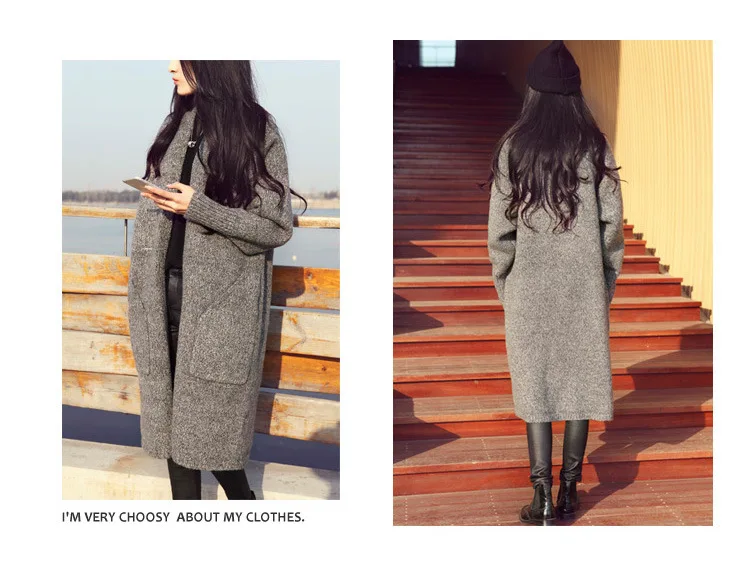 Осень зима длинный кардиган женский модный однотонный Свободный вязаный свитер корейский с карманами и v-образным вырезом повседневные топы Джерси Mujer