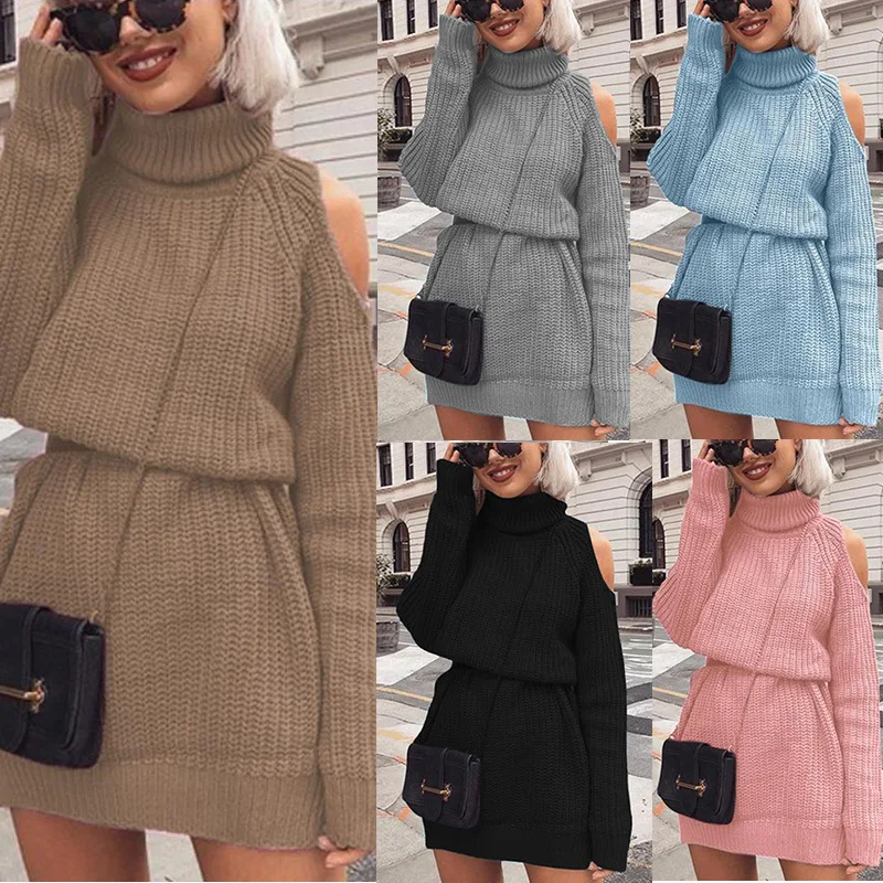 

2020 Autumn and Winter New Sweater Mid-length High-neck Off-shoulder Sweater Dress
