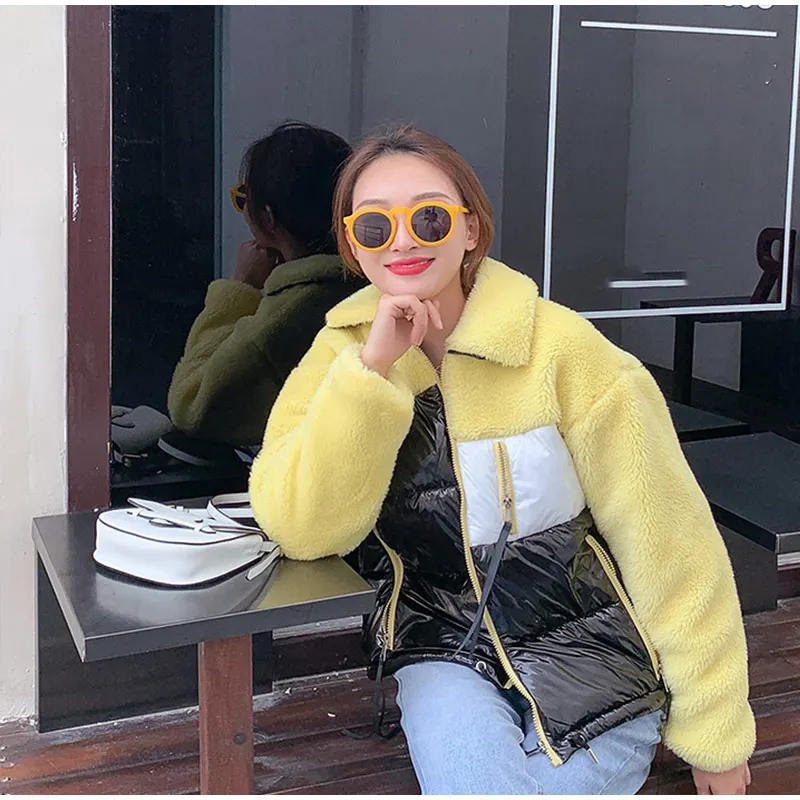 Winter Faux Fur Women's Cotton Coats Patchwork Warm Female Coat Short Plush Long Sleeve Turn-down Collar Ladies Jacket