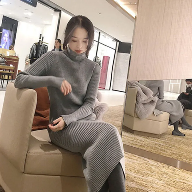 

High Collar Sweater Very Fairy of Long Skirts Women's 2019 chun qiu wang hong yang Elegant Versatile over-the-Knee Jersey Dress