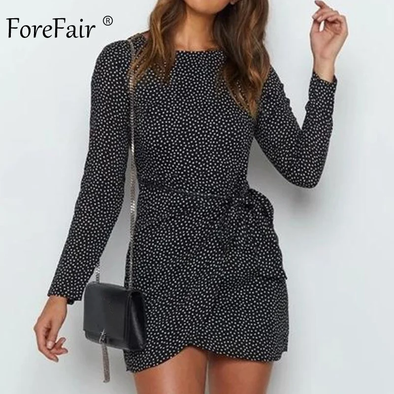 Billig Forefair Polka Dot Gebunden Mini Wrap Kleid Frauen Party Hohe Taille EINE Linie O Neck Transparente Chiffon Schwarz Langarm sexy Kleid