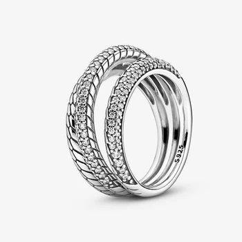 

925 Sterling Silver 2020 New Autumn Triple Band Pavé Snake Chain Pattern Ring For Women Brand Original Rings Jewelry Gift