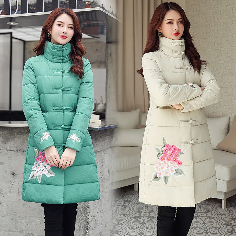 

2019 New Style down Jacket Women's Mid-length Ethnic-Style Fashion Cloth Cover Embroidery Cotton-padded Clothes Slim Fit Elegant