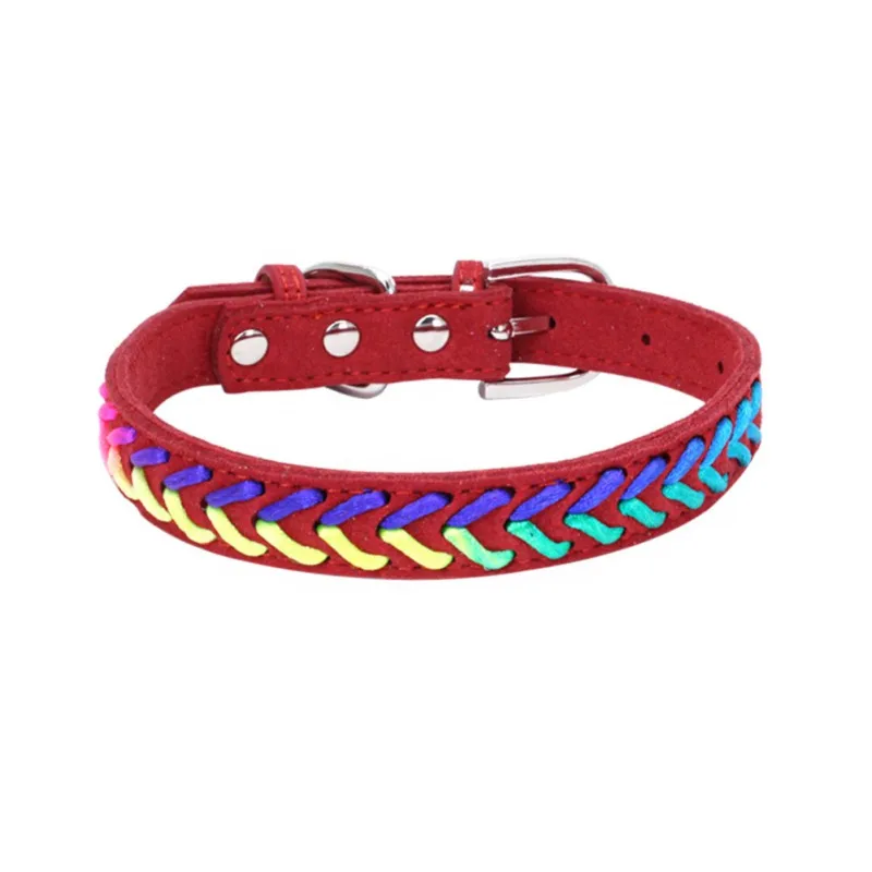 Personalized Dog Collar Braided Custom Leather Puppy Cat Pet Collars For Small Medium Dogs Basic Collars - Color: Red