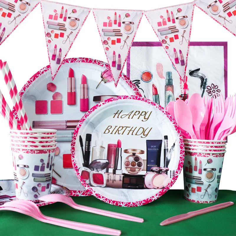 New makeup birthday party decoration paper plate cup tablecloth knife fork spoon | Дом и сад