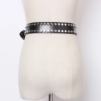 

WKOUD EAM 2020 New Spring Summer Leather Rivet waistband Split Personality Long Wide Belt Women Fashion Tide All-match JS78
