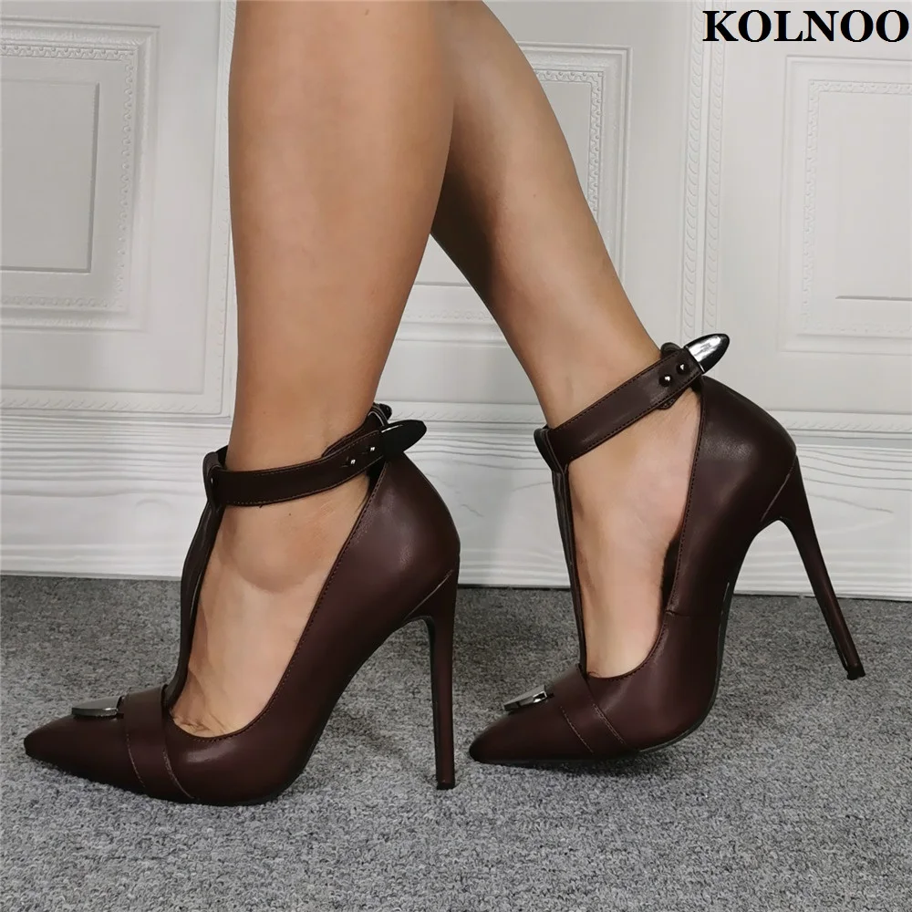 

Kolnoo Large Size US5-15 Women High Heels Pumps T-strap Metal Pointed-toe Party Prom Shoes Evening Daily Wear Fashion Club Shoes