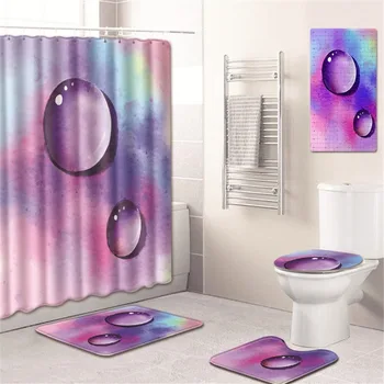 

Water Drop Shower Curtain Bathroom Mat Toilet Cover Mat Absorbent Non-Slip Home Mat Kitchen Pad Five-Piece Carpet