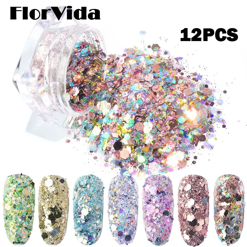 

FlorVida 12 Colors Super Shinning Hexagon Glitter Sequins Mixed For Nails Art Flakes Makeup Decorations Kit Manicure Design Set