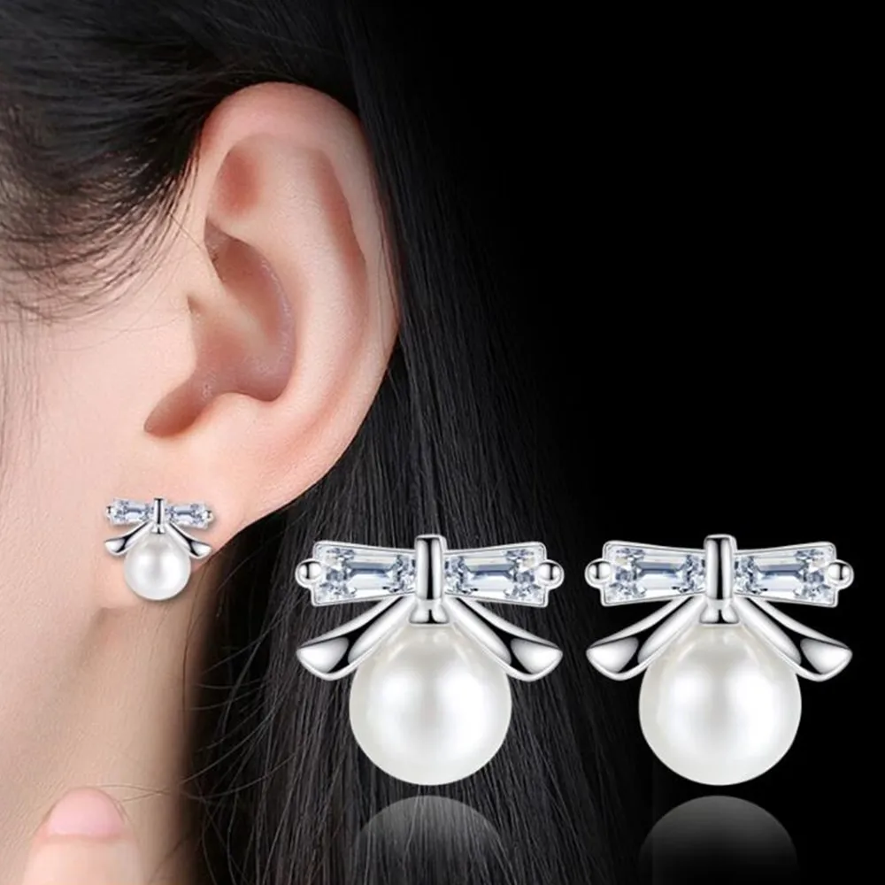 

NEHZY 925 Sterling Silver Jewelry Stud Earrings High Quality Vintage Cubic Zirconia Bow Imitation Pearl Tremella Earrings
