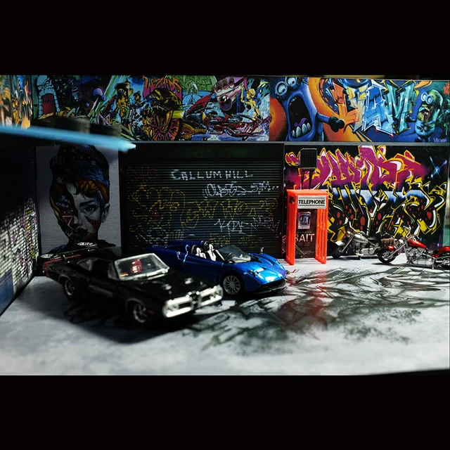 1/64 Scale Garage Parking Lot Factory Warehouse Graffiti Automobile Refitting Scene Fit Car Model Toy Gift Collection Display 1