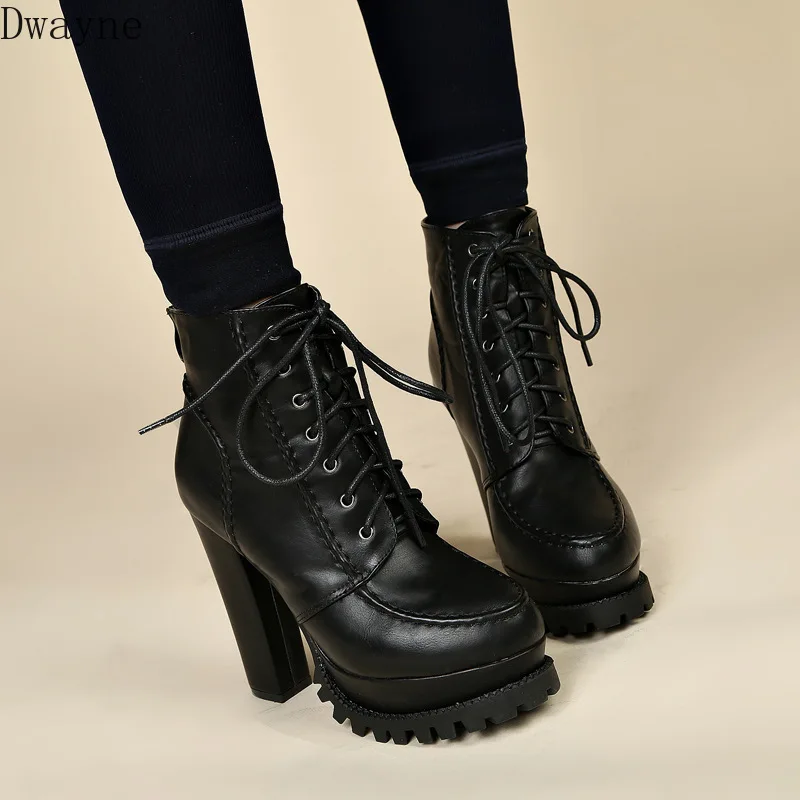 

Korean Lace-up Wild Short Boots Plus Velvet Martin Boots 13 Cm High Heel Ankle Boots Thick with Waterproof Platform Womens Boots