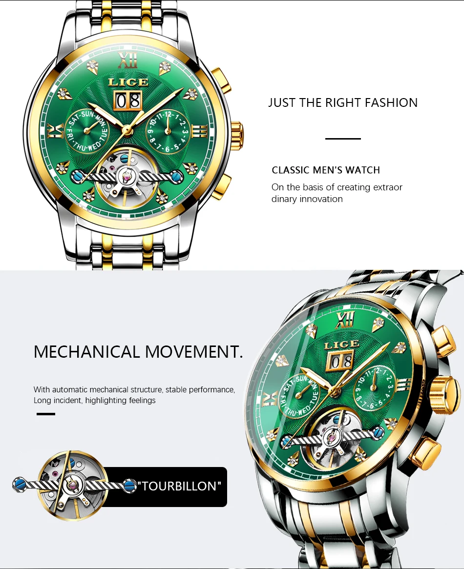 LIGE новые зеленые деловые мужские часы Топ бренд класса люкс LIGE Tourbillon спортивные механические часы мужские модные автоматические часы