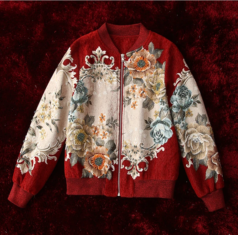 Красный RoosaRosee дизайнерский осенне-зимний женский цветочный принт бисер длинный рукав короткий жаккардовый жакет пальто винтажная верхняя одежда новая женская