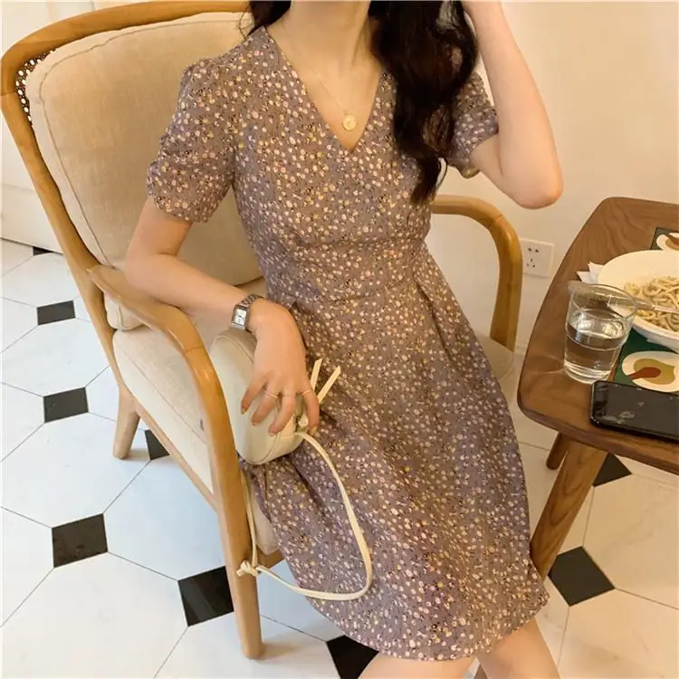 Dress Women Summer Purple High Waist Midi Elegant Floral Sweet V-neck Short Sleeve Slim Trendy Casual Daily Female Ruffled Chic