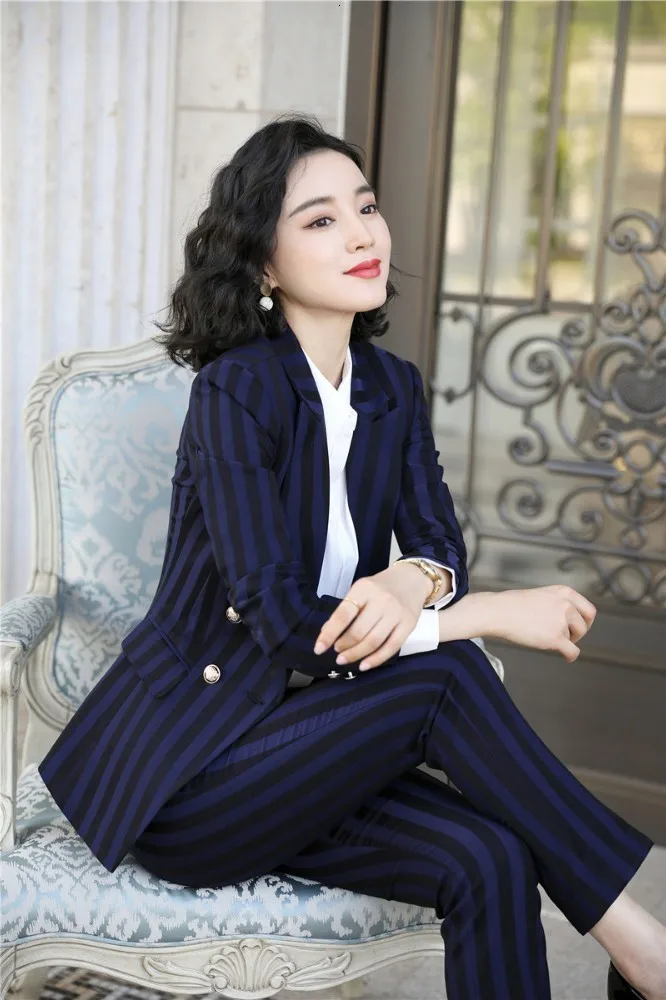 High Quality Fabric Novelty Wine Striped Women Business Suits with Pants and Blazer Coat Autumn Winter Professional Pantsuits
