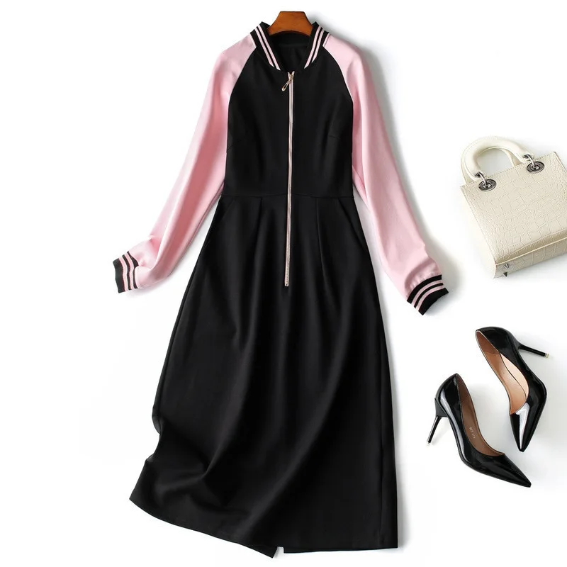 Women girls autumn winter casual dress color block pink long sleeve zipper front black dresses new