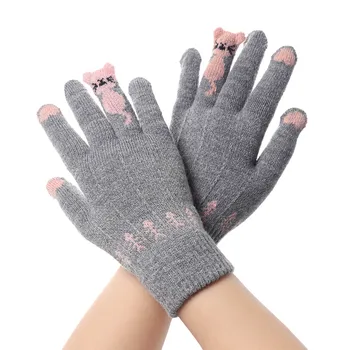 

Winter Cute Touch Screen Mittens Cartoon Cats Warm Knitted Gloves Full Finger Mittens Thicken Warm Fashion Soft Stretch Gloves