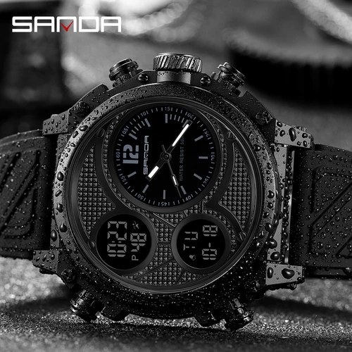 SANDA-남성용 3 시간 디스플레이 쿼츠 시계 LED 스포츠 디지털 시계, 50m 방수 전자 손목 시계 알람 시계 2