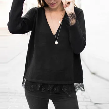 

Autumn New Fashion Women Lady's Black Solid Lace V Neck Loose Shirts Long Sleeve Casual Blouse Tops Free Ship рубашка женская Z4
