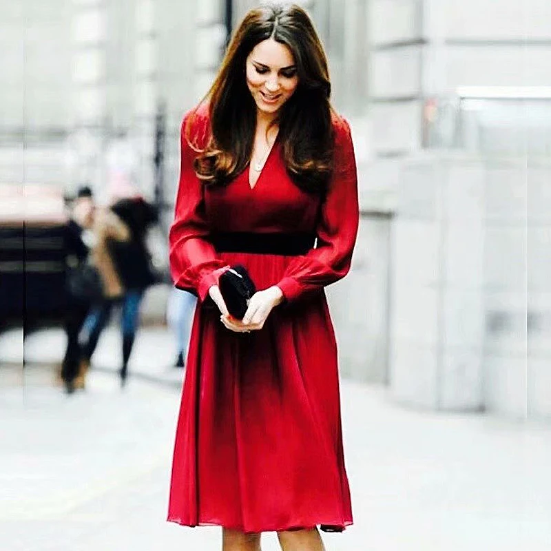Kate Middleton, подиум, высокое качество, весна, новинка, женская мода, для работы, повседневные, вечерние, в винтажном стиле, элегантные, шикарные, с v-образным вырезом, красное платье