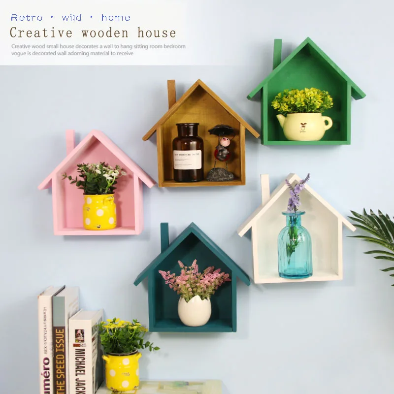 Nordic Wall Shelf Vintage Wood Wall Storage Shelf Rack House shape Storage Rack Room DIY Wall Decor Holder