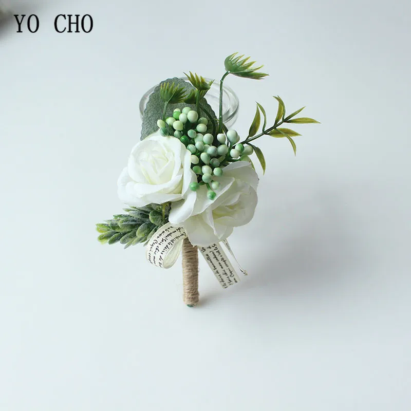 

YO CHO Wedding Rose Boutonniere Brooch for Men Handmade Artificial Silk Corsages Bridesmaids Bracelet Prom Ceremony Flowers