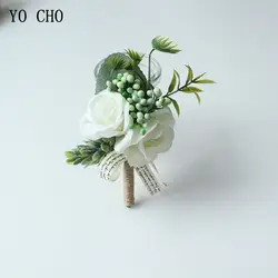 Йо Чо Свадебные розы бутоньерка брошь для мужчин ручной работы искусственный шелк корсажи подружек невесты браслет Пром церемония цветы