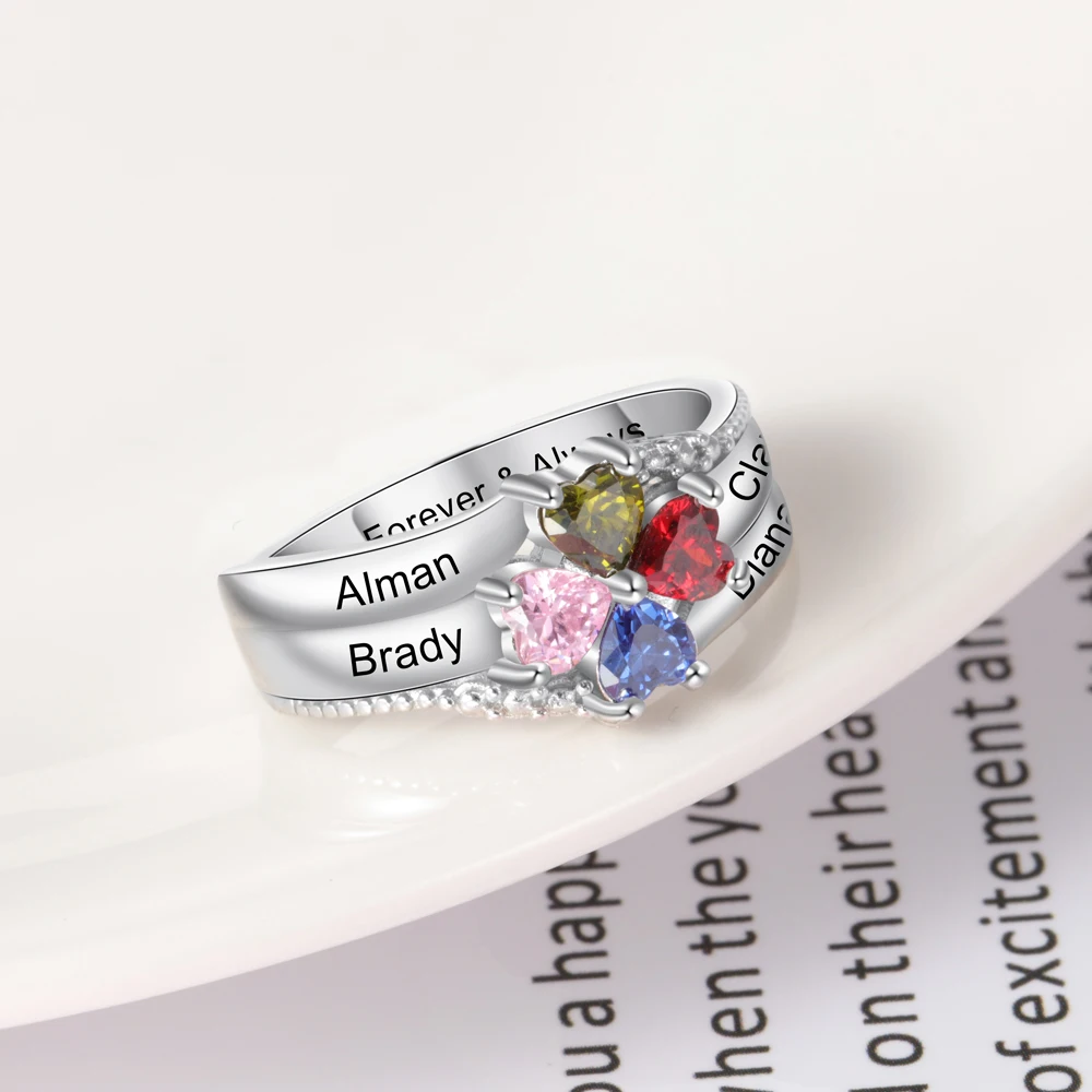 JewelOra Customized Family Name Mothers Ring with 4 Heart Birthstones Silver Color Personalized Engraved Rings for Women Gifts - Image 4