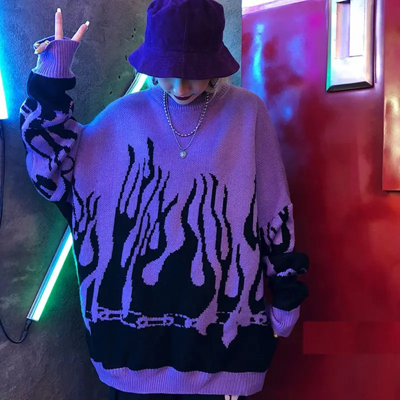 Fashion 2020 Spring Autumn Winter Harajuku Flame Sweater Knitting Batwing Sleeve Couple Sweater Loose Boyfriend Pullovers Fashion 2020 Spring Autumn Winter Harajuku Flame Sweater Knitting Batwing Sleeve Couple Sweater Loose Boyfriend Pullovers
