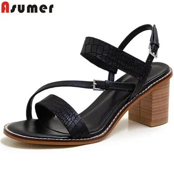 

ASUMER 2020 new arrive women sandals vintage genuine leather shoes buckle simple 6cm square high heels party dress shoes ladies