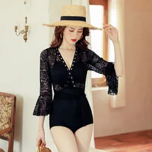 Женская Черная кружевная цельная купальная одежда купальный костюм с пуш-ап купальник Летний сексуальный Монокини Купальный костюм с v-образным вырезом купальные костюмы
