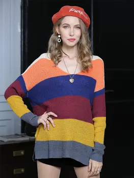 

New 2020 Autumn Winter Women's Rainbow Sweaters V-Neck Minimalist Tops Fashionable Irregular Hem Knitting Loose Casual plus Size