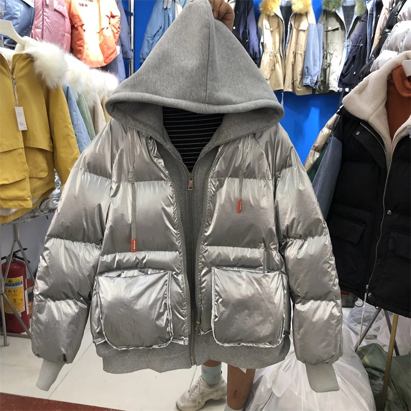 Bf Lazy Wind Женская Осенняя/зимняя поддельная двухсекционная хлопковая стеганая куртка короткая парка с капюшоном пальто Женская свободная теплая верхняя одежда - Цвет: Серебристый