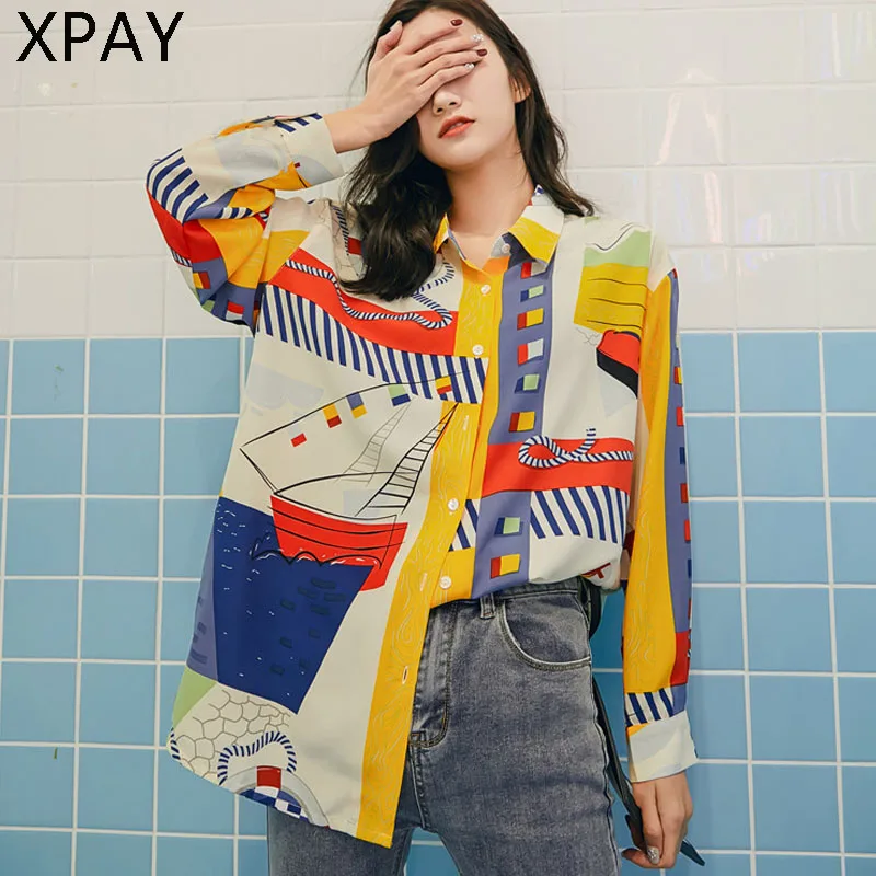 

2020 Spring Fashion Abstract Print Womens Tops fashion Retro Blouses Color matching Long Sleeve Shirt women