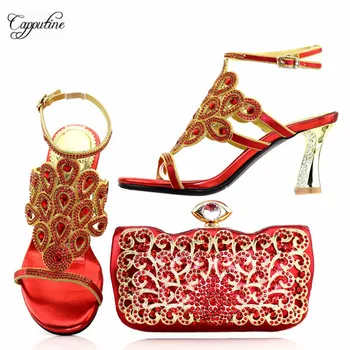 

Sexy party lady high heel sandal shoes and evening bag sets with crystal stones T0547 in red, heel height 8cm