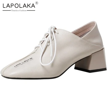 

Lapolaka 2020 Hot Sale Genuine Cow Leather Chunky Heels Black Shoes Woman Pumps Lace Up Square Toe Pumps Women Shoes