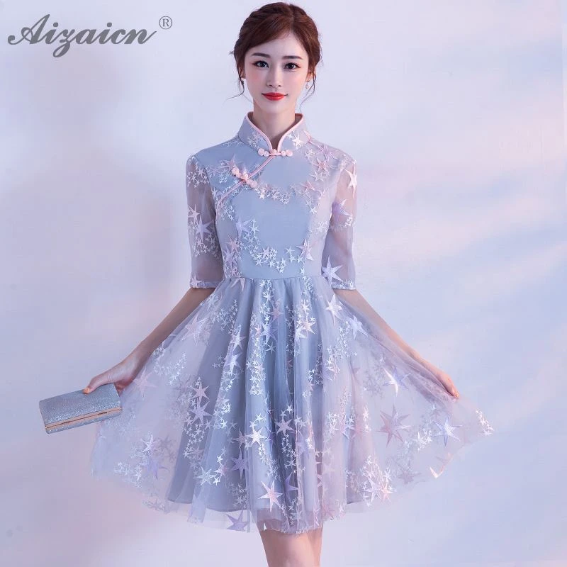 

Chinoise Mini Lace Evening Dresses Qi Pao Women Traditional Chinese Dress Cheongsam Blue Elegant Small Gown Qipao Promotion